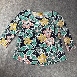 Ruby Rd Petite Navy Floral 3/4 Sleeve Top PM Tropical Scoop Neck 58953 N2